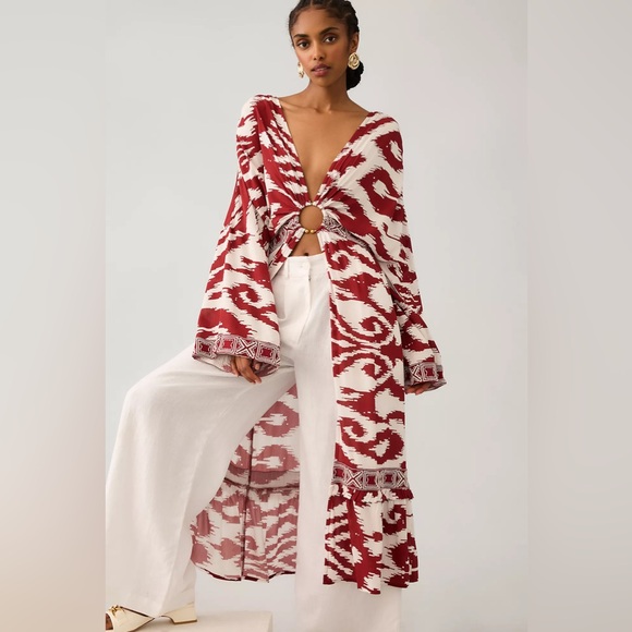 Anthropologie Other - NWT Anthropologie Women's Red Printed Front Ring Kaftan Cover Up Kimono Size M/L